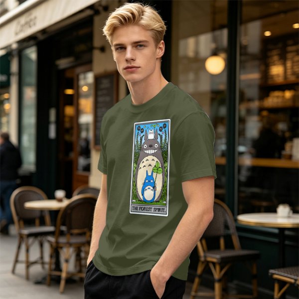 Olive T-shirt with My Neighbor Totoro Forest Spirit Tarot-style Print