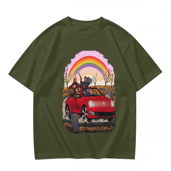 Olive T-Shirt With Red Convertible Car, Rainbow And People Graphic