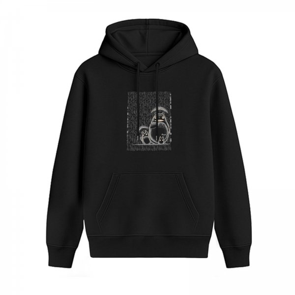 Black hoodie with Totoro family sketch graphic