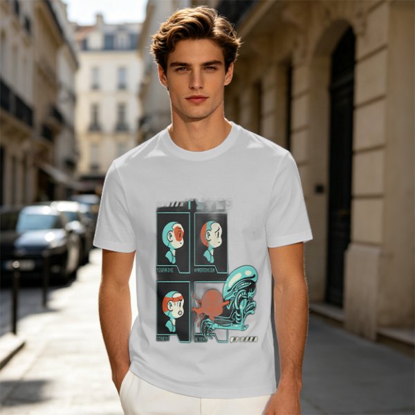 Olive Graphic Tee With Alien Stress Headache Themed Art
