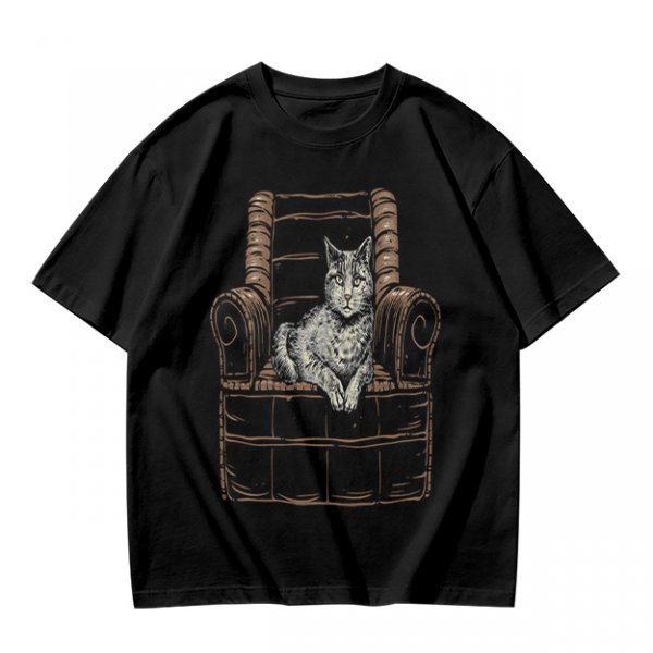 Olive Green T-Shirt With Cat In Armchair Graphic Print