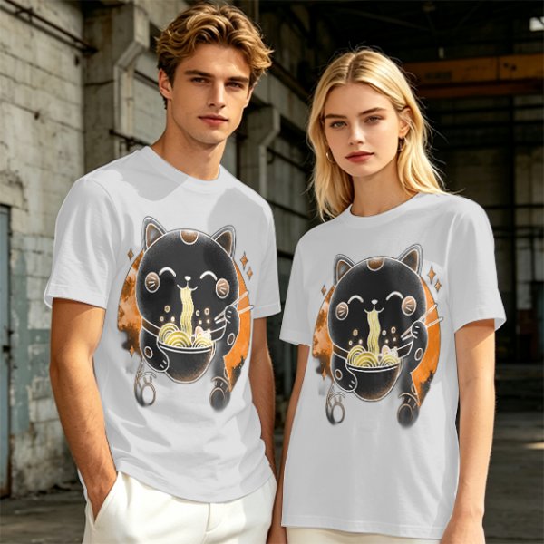 Olive T-Shirt Featuring Black Maneki-neko Cat Eating Ramen