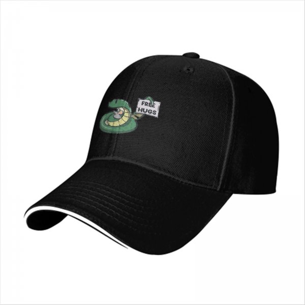 Black baseball cap with a snake holding a FREE HUGS sign and a mouse