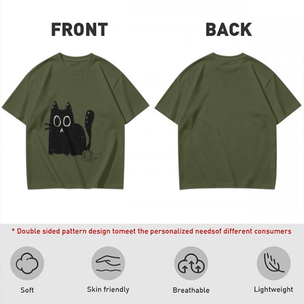 Oversized Army Green T-Shirt With Surprised Black Cat Graphic