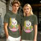 Owl-like character in ramen bowl graphic olive green t-shirt