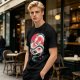 Olive T-shirt with stylized white dragon and red circular graphic print