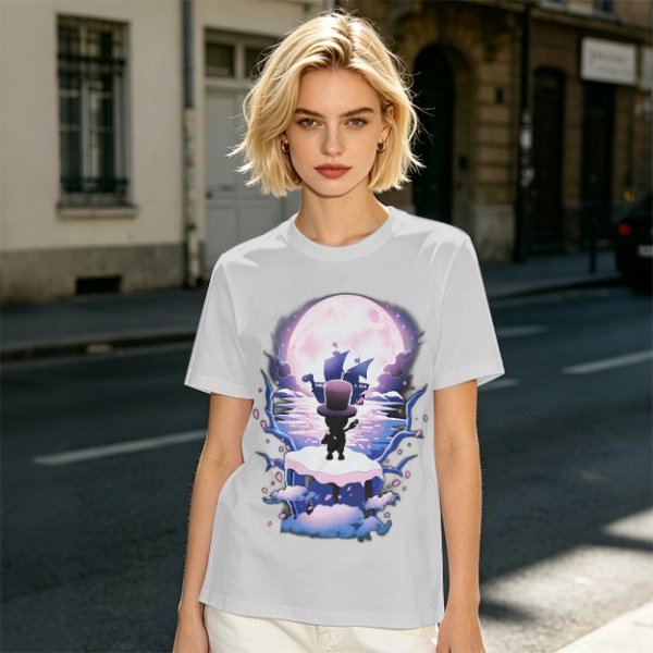 Olive T-Shirt With Moonlit Pirate Ship And Silhouette Figure Print