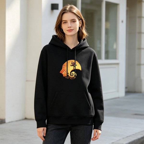 Black Hoodie with Halloween Moon Face Witch and Castle Art