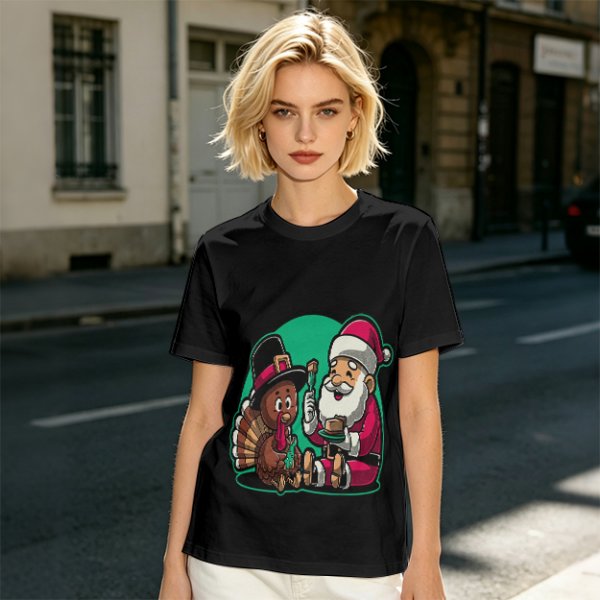 Olive T-Shirt with Santa and Thanksgiving Turkey Graphic
