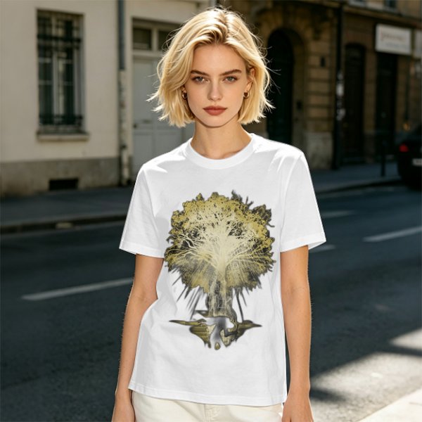 Olive Green T-Shirt With Glowing Tree Reflection Art