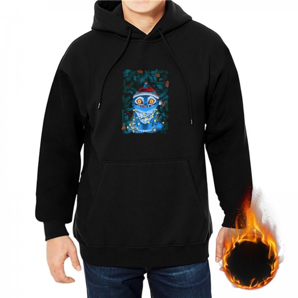 Black hoodie with a blue Christmas monster wearing a Santa hat and fairy lights
