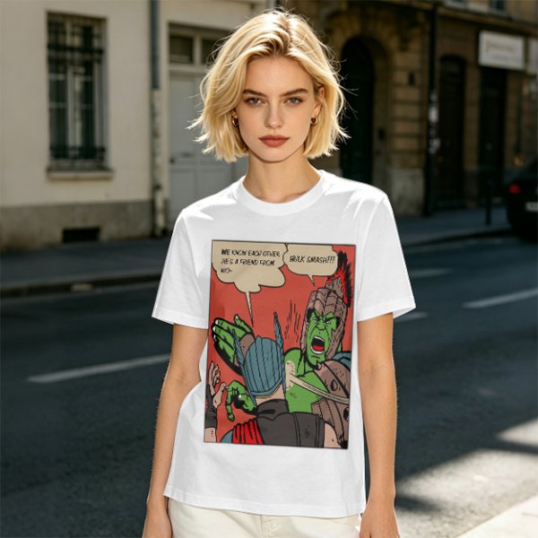 Olive t-shirt with comic print of Hulk and Thor mid-smashed interaction