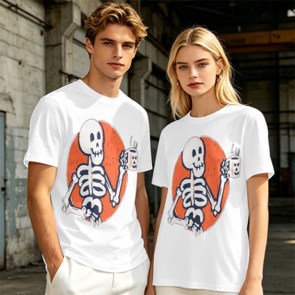 Olive Skeleton Holding Coffee Mug Graphic T-Shirt