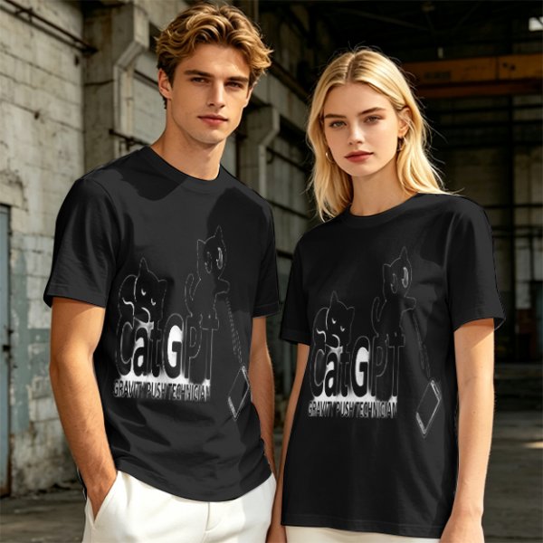 Olive green graphic t-shirt with CatGPT and mischievous cat prints