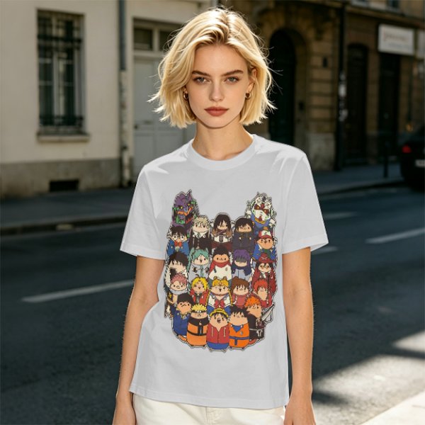 Olive T-shirt with cute chibi anime character group print