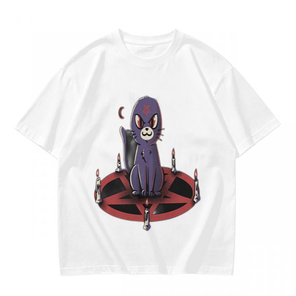 Olive T-Shirt With Purple Demon Cat On Pentagram And Candles