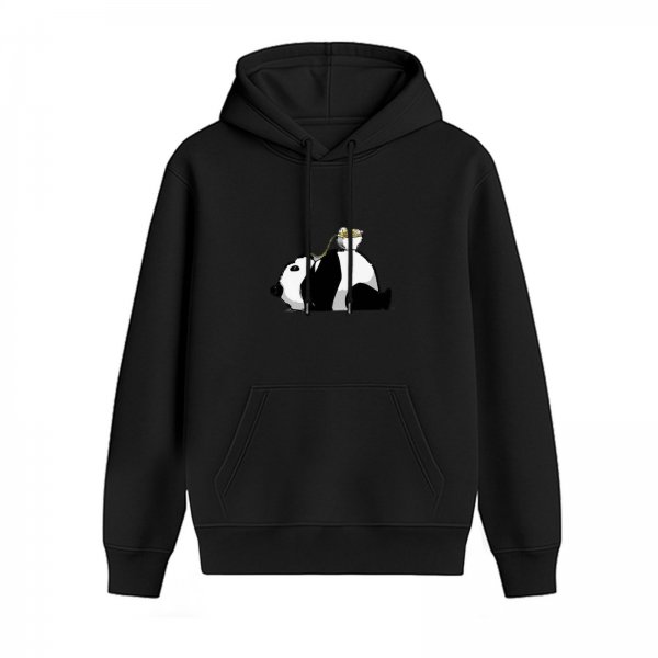 Black Hoodie With Cute Lazy Panda Graphic Print