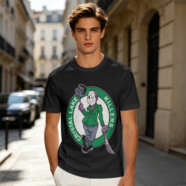 Army Green T-Shirt with Crystal Lake Killers Jason Voorhees Graphic
