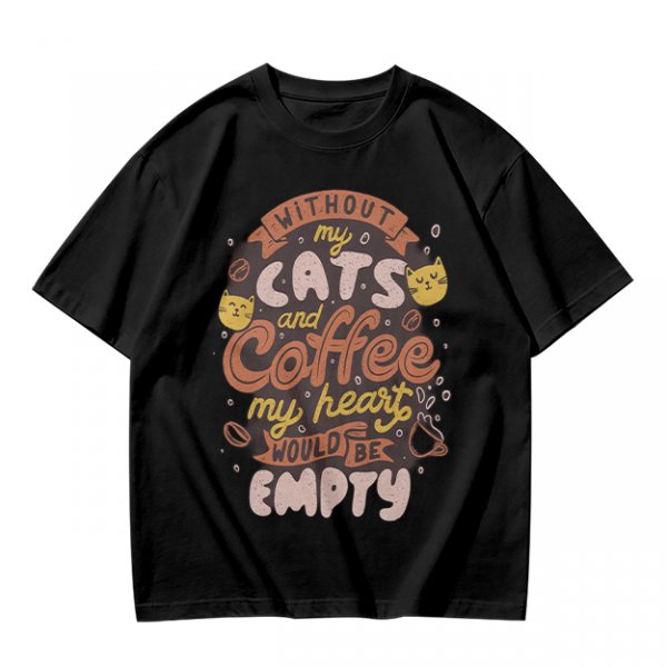 Olive graphic t-shirt with cats and coffee heart quote