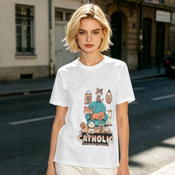 Olive T-Shirt With Funny Cat Graphic 'Catholic' Print
