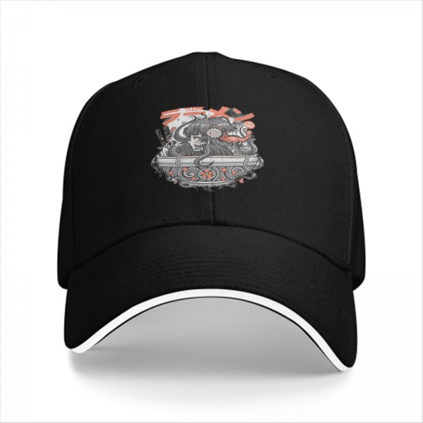 Black Baseball Cap With Japanese Ramen Themed Graphic Print