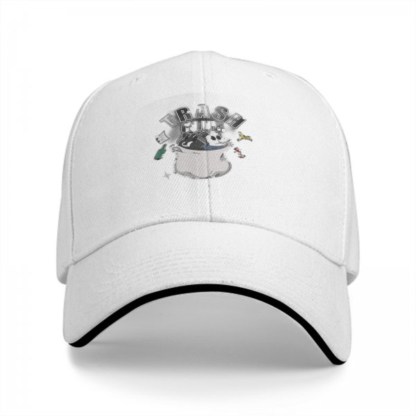 Black baseball cap with Trash Club graphic featuring cartoon mouse in trash can