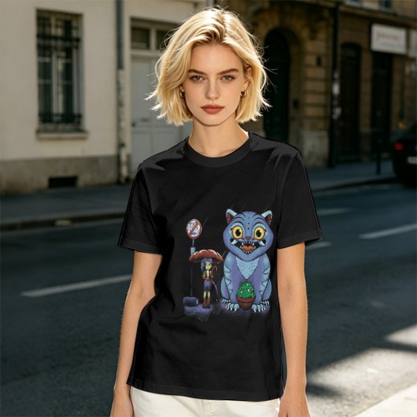 Olive T-Shirt With Whimsical Blue Cat And Mushroom Figure Print