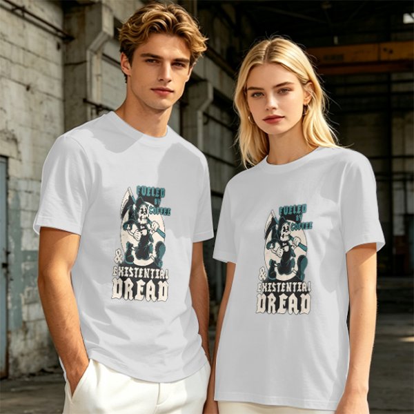 Olive graphic t-shirt with 'Fueled by Coffee & Existential Dread' grim reaper print