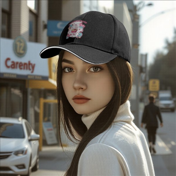 Black baseball cap with cute dinosaur dessert graphic print
