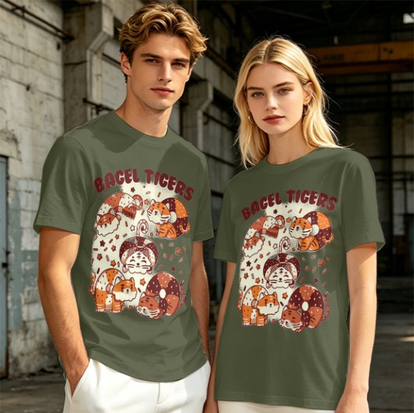 Olive Green T-Shirt With Cute Bagel Tigers Graphic Print