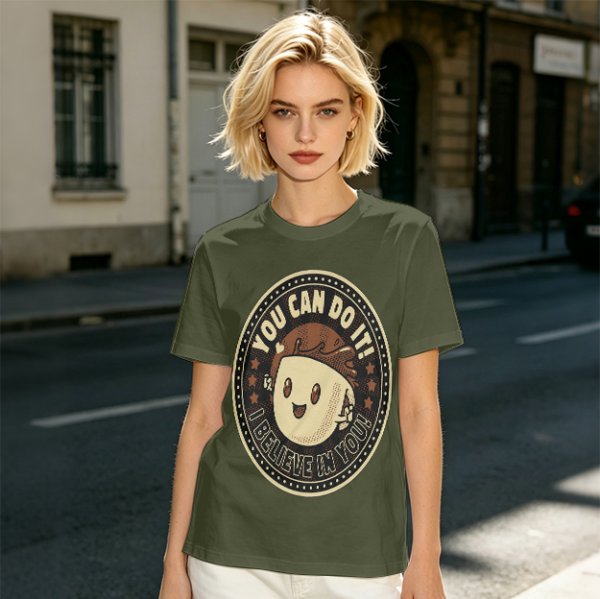 Olive green t-shirt with encouraging coffee character graphic and motivational text