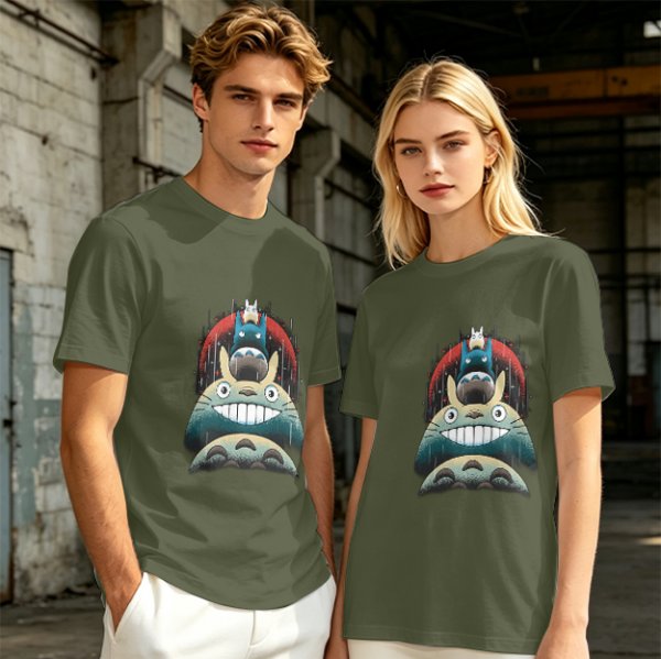 Olive green t-shirt with stacked Totoro characters graphic