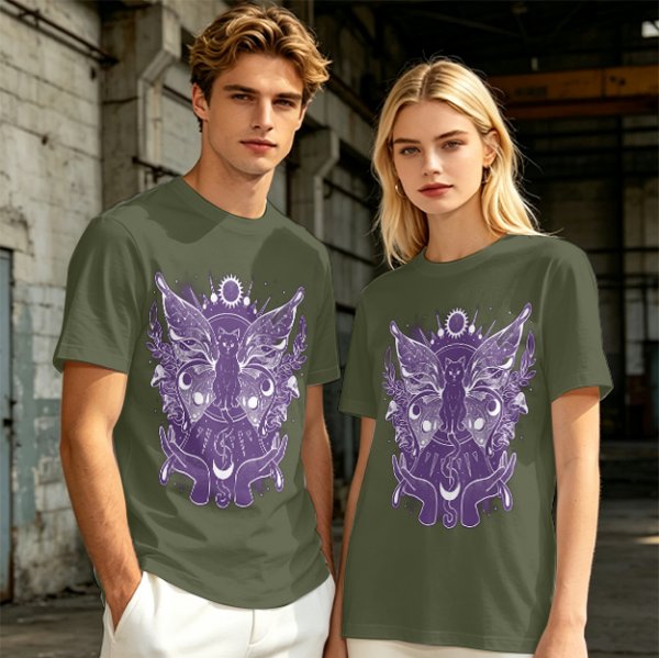 Olive T-Shirt with Celestial Cat Moth and Mystical Hands Print