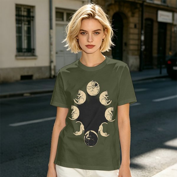 Olive T-Shirt With Cat Phases Moon Cycle Graphic Print
