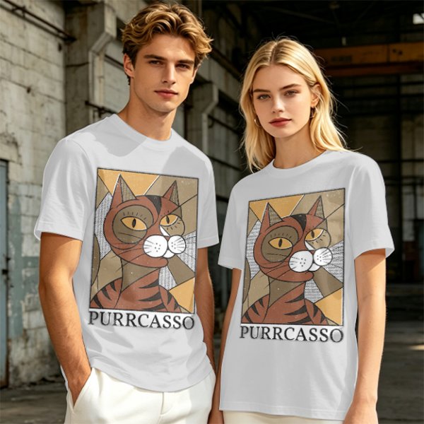 Olive green t-shirt with cubist style cat print and Purrcasso text