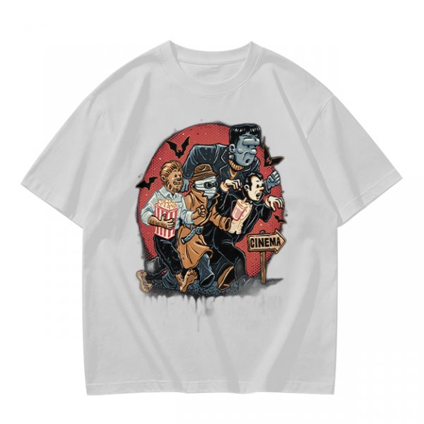 Olive T-Shirt with Classic Horror Monsters Going to Cinema Print