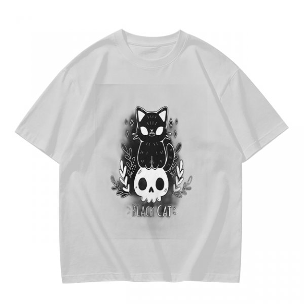 Olive green graphic t-shirt with black cat and skull print