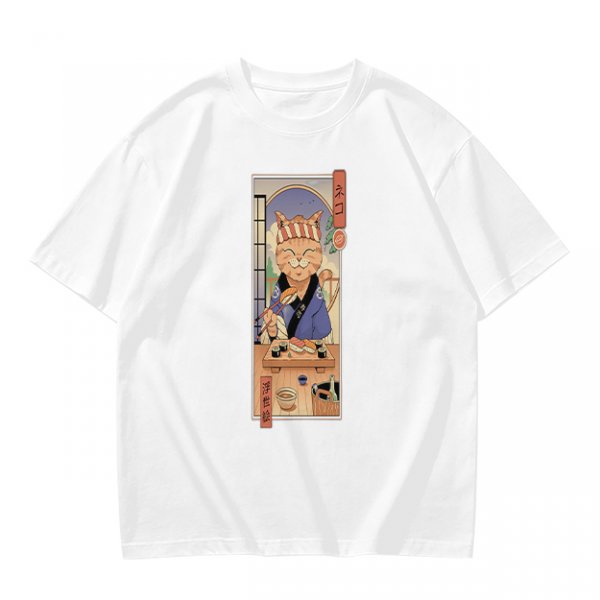 Olive T-Shirt with Japanese Style Sushi Chef Cat Print