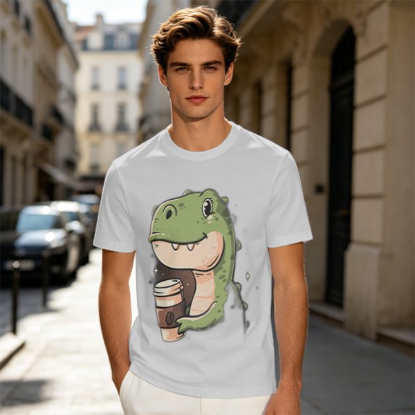 Olive T-shirt with Cute Dinosaur Holding Coffee Print