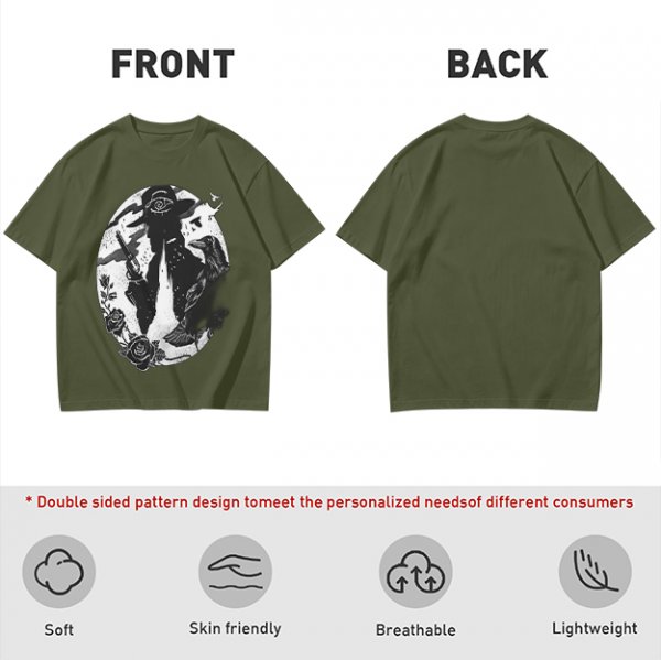 Olive T-Shirt With Western Gunslinger Crow And Roses Graphic