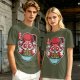 Olive t-shirt with cute kitsune fox eating ramen graphic