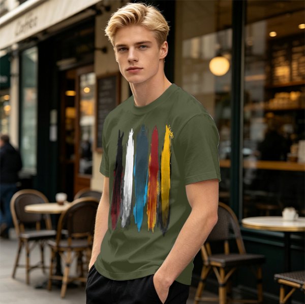 Olive Green T-Shirt With Vertical Colorful Brushstroke Figure Art