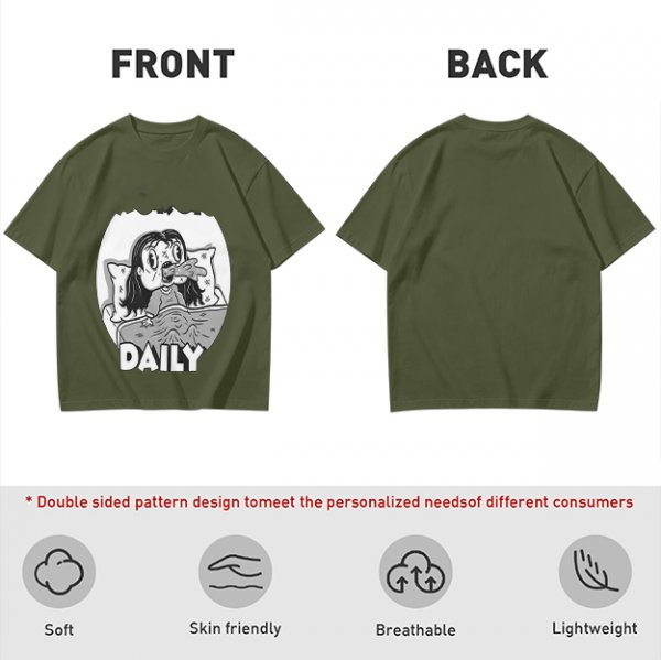 Olive green graphic t-shirt with bedridden cartoon girl and 'DAILY' text