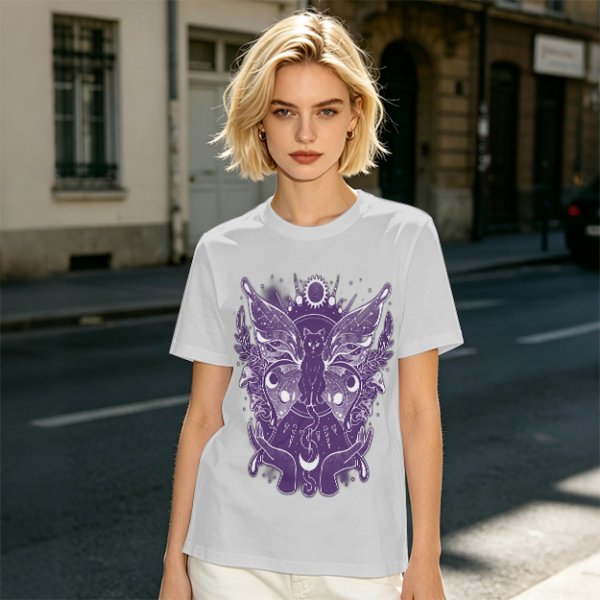 Olive T-Shirt with Celestial Cat Moth and Mystical Hands Print
