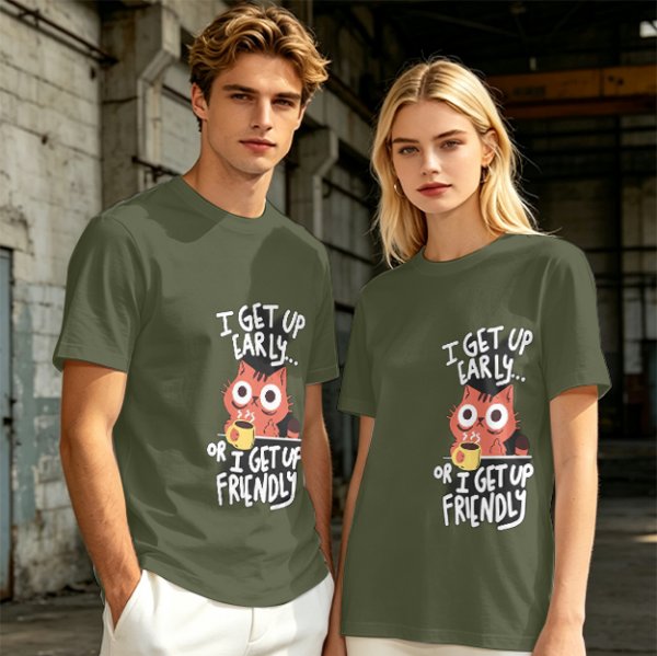 Olive t-shirt with funny cat coffee early morning quote