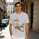 Olive green graphic tee with a sloth relaxing between anthropomorphic coffee mugs