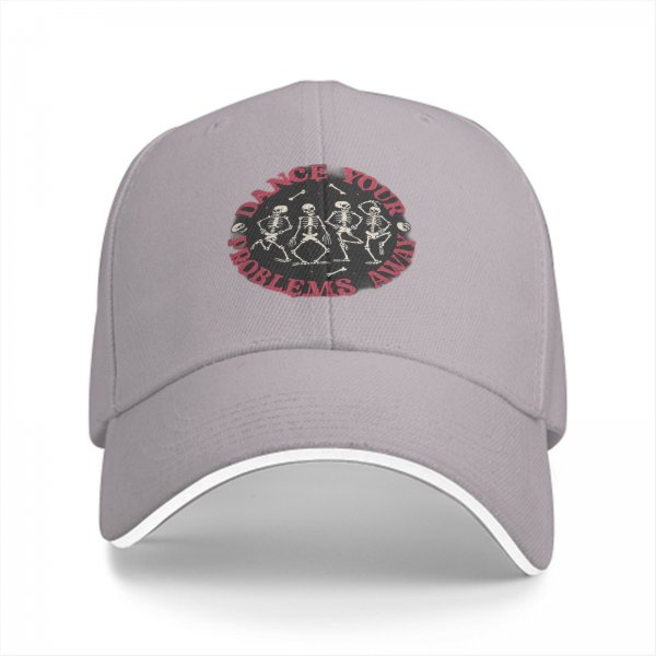Black baseball cap with dancing skeletons and 'Dance Your Problems Away' text