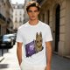 Olive T-shirt with a cartoon cat emerging from a purple chocolate wrapper print