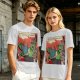 Olive t-shirt with comic print of Hulk and Thor mid-smashed interaction