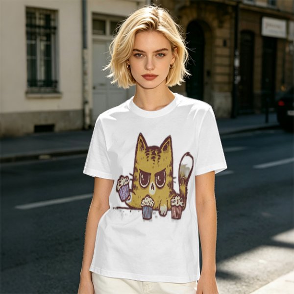 Olive T-Shirt With Angry Cat Holding Cupcakes Graphic Print